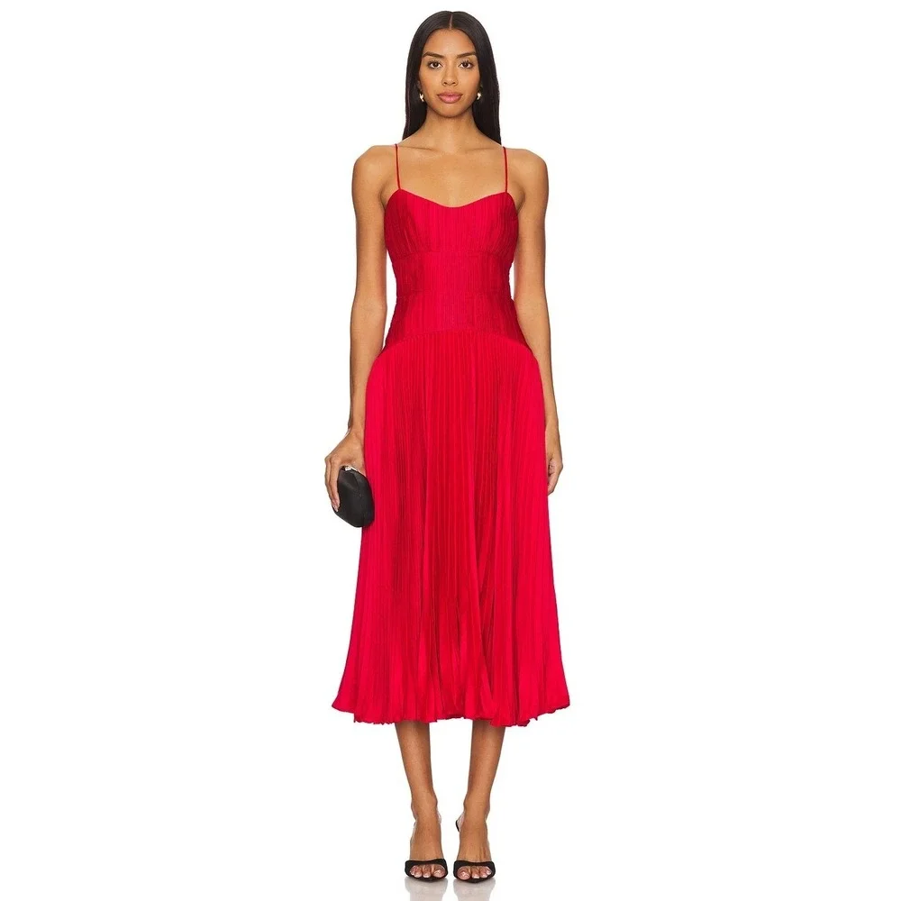 NWT AMUR Cherry Drop Waist Pleated Midi Dress in Red - Size 8‎ - Picture 3 of 16